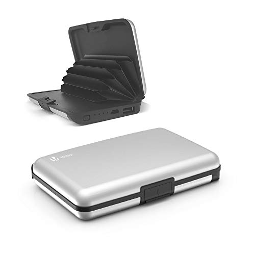 Tarjetero para Tarjetas de Crédito, 2 en 1 RFID Blocking Wallet Aluminio con Power Bank 2000mAh, Plateado