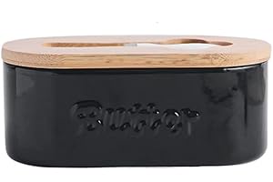 Rummyluck 650ML 22.20oz Beurrier, Récipient à Beurre en Porcelaine avec Couvercle & Couteau en Bois de Bambou, Joint en Silicone Amovible, Noir