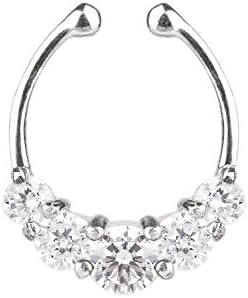 SIX "925 sterling silver" fake nose ring, piercing, hoop ring, septum, hanger, fake clip, silver, rhinestone (385-295)