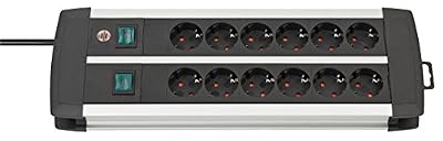 Brennenstuhl 1391000912 Premium Line, bloc multiprise 12 prises en aluminium – Multiprise en aluminium de qualité (avec 2 interrupteurs pour je 6 prises et câble de 3 m) couleur : noir, noir/argent