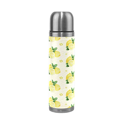 Borraccia per acquerello, motivo limoni, in acciaio inox e pelle PU, isolata sottovuoto, tazza da viaggio da 500 ml, a doppia parete