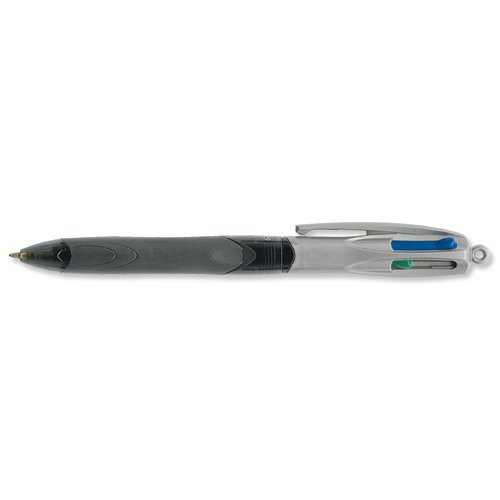 4-Farb-Druckkugelschreiber 4 Colours GRIP PRO - dokumentenecht, 0,4 mm, schwarz/grau 4-Farb-Druckkugelschreiber BIC® 4 Colours GRIP PRO. Druckmechanik. Ausführung Mehrfarbkugelschreiber: 4 Minen in blau, schwarz, rot, grün. Ausführung Mine: dokumentenecht, 0,4 mm, Mine auswechselbar. Ausführung Stift: Kunststoff mit extrabreiter und gummierter Griffzone. Ausführung Clip: Kunststoff, grau. Farbige Drücker zur einfachen Farbauswahl. Schreiblänge: 1500 m. Farbe des Schaftes: schwarz/grau.