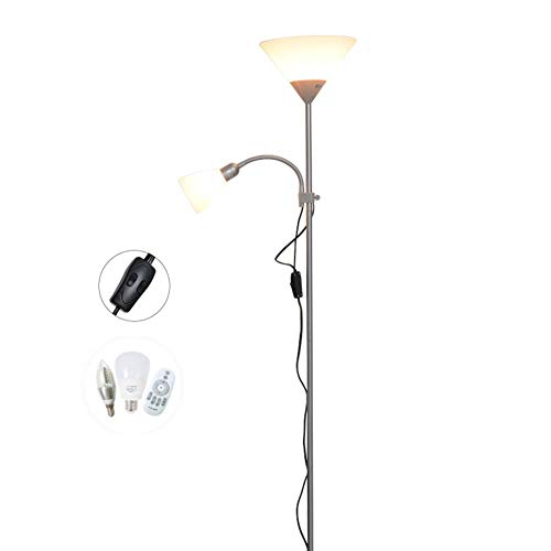 Preisvergleich Produktbild LED Stehlampe Dimmbar Mit Flexibler Leselampe, Wohnzimmer Stehleuchte Mit Fernbedienung, Wohnkultur Lampen (Silber, 12W & 5W, Höhenverstellbar, E27 & E14, Iron Art)