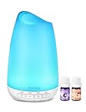 Homasy Set Diffuseur Huiles Essentielles, Diffuseur Ultrasonique 150 Ml avec Mode Veille, Lavande + Eucalyptus (5 Ml / Bouteille), Extinction Automatique & 8 Couleurs de LED pour La Chambre- Blanc
