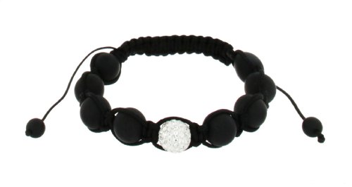 Schwarzes Shamballa Kordel m. 10mm Weiem Kristall u. Schwarzen Perlen,  verstellbares Armband 19cm