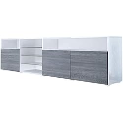 Meuble TV Bas Granada V2, Corps en Blanc en Haute Brillance/Façades en Avola-Anthracite