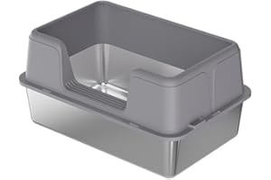 Crevyteg Kuweta dla kota ze stali nierdzewnej, wysokie boki ze stali nierdzewnej metalowa taca, łatwe czyszczenie, ochrona przed rozpryskami, pogłębiona półzamknięta toaleta dla kotów, szara, 50 x 35