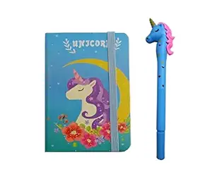 AUM Unicorn Mini Pocket Diary with Elastic Band and Unicorn Pen Hardcover Notebook Office School Stationery for Students Kids Children Birthday Return Gift Party Favour (Pack of 02 Items)