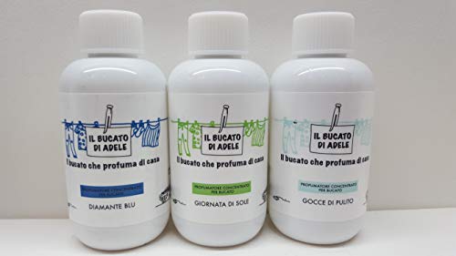 TRIS PROFUMATORI CONCENTRATI PER BUCATO DI" IL BUCATO DI ADELE" FRAGRANZE : DIAMANTE BLU- GIORNATA DI SOLE -GOCCE DI PULITO - 3 FLACONI da 150 ML