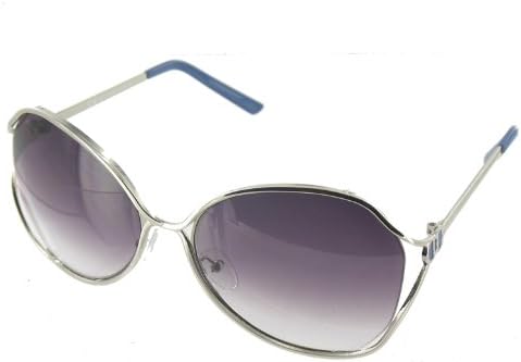 Womens Ladies Designer Fashion Sunglasses Shades with Free Hard Case - Black Lens &amp; Silver &amp; Blue Frame