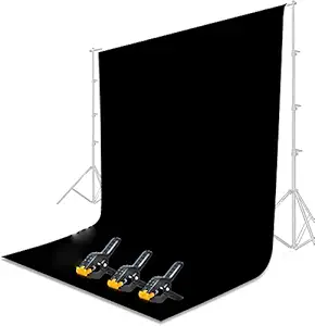 HIFFIN 8 x 12 FT Black LEKERA Backdrop Photo Light Studio Photography Background with 3 pcs Backdrop Support Spring Clamp 4.3