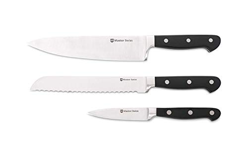 Master Swiss Chef Essential 3 Piece Knife Set in Stainless Steel, Serrated, Filet, Multipurpose Utility, Professional Kitchen Cutlery, Ultra-Sharp Blades - 8 and 3.5 Inch