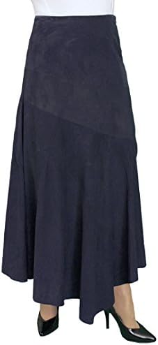 Ashwood Luxury Soft Real Genuine Suede Leather Full Gypsy Asymmetric Midi Skirt (Navy, Waist 38in)
