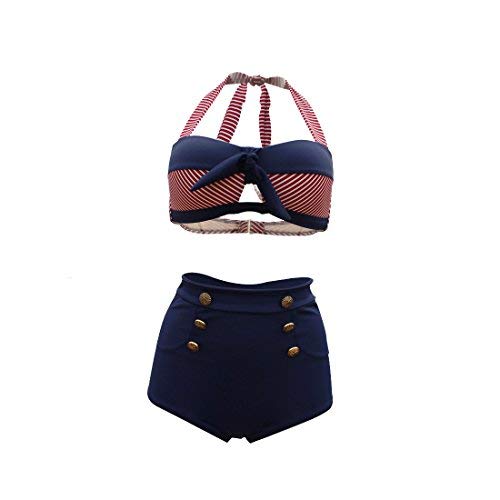 TFENG - Conjunto de Bikini de Dos Piezas para Mujer, Talla Alta, Parte Inferior de Bikini con Volante, Talla S - 3XL Azul Medium