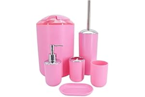 Gabz 6 Piece Colourful Bathroom Accessories Set | Washroom Sink Organizer | Liquid Soap Dish Dispenser Bottle Trash Can Rinse Cup Toothbrush Holder Toilet Brush