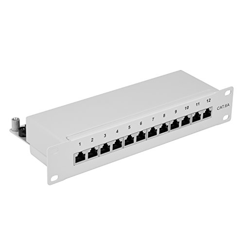 TPFNet Premium Patchfeld, Patchpanel Cat 6A, Patchpanel Cat.6A, 12 Port, 12-fach 10" - 10 Zoll / 1 HE, mit LSA Anschlussklemmen, zum Anschluß von Netzwerk Verlegekabel, hellgrau RAL 7035, voll geschirmtes Metallgehäuse, Patch Panel mit 12x RJ45 Buchse, geschirmt