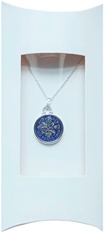 1958 Enamelled Lucky sixpence Coin Pendant on Silver Chain Necklace 20" Boxed Gift Something Borrowed Something Blue Perfect Bride to Be Gift with Display Pillow Box - Authentic Sixpence