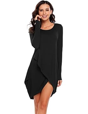 Finejo Damen Rundhals Irregulär kleid Beiläufiges Langarm Minikleid T-shirt kleid