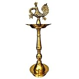 Purpledip Brass Oil Lamp: Kuthu Vilakku Peacock Design Diya 16 inches (11314)