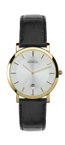 Michel Herbelin Men's Quartz Watch with White Dial Analogue Display and Black Leather Strap 413/P11