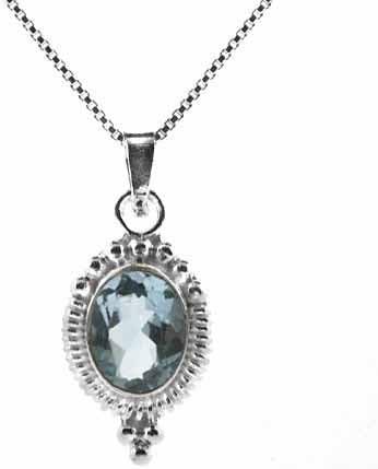 Sterling Silver Bali Bead Genuine Blue Topaz Stone Oval Pendant
