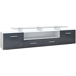 Vladon Meuble TV Bas Almada V2, Corps en Blanc Mat/Façades en Gris Haute Brillance