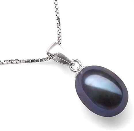 Pearl Pendant Necklace 7mm Oval Black Cultured Freshwater Pearls - Sterling Silver Chain - Gift Boxed (Black)
