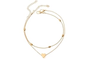 Ledander Anklets for Women, 2 Layered Heart Pendant Ankle Bracelets, Adjustable Beads Foot Chain Women's Anklets, 22+5cm Anklet Jewelry for Women and Girls Mom Sisters