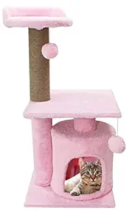 Hiputee Soft Fur Activity Scratching Post / Cat Tree for Kittens & Cats - Natural Sisal Rope Two Floor Tower (Pink)