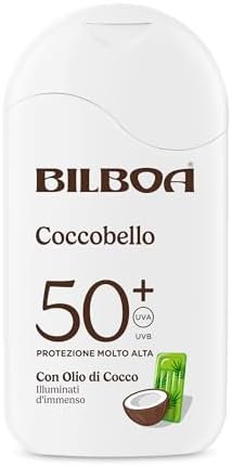 Bilboa, Coccobello, Latte Solare SPF 50+, Crema Solare Illuminante con Olio di Cocco e Vitamina E, Idrata e Illumina la Pelle, Resistente all’Acqua, 200 ml
