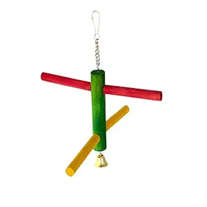 KSK Wooden Hanging Bell with Hammock Climbing Natural Swing Pet Birds Cage Toys for Small Parakeet Cockatiel Conures Finches Budgie Love Birds. (Small, Multi Colored)