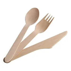 KRUM Disposable Wooden Cutlery Sets - 300 Piece Total: 100 Forks, 100 Spoons, 100 Knives, Eco Friendly Biodegradable Compostable Wooden Utensils Wooden Cutlery