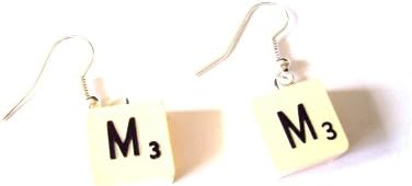 English Gems Drop Earrings Vintage Tiles Letter M in Gift Bag