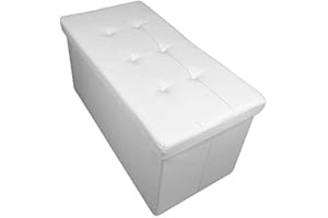 HomeHarmony® Quilted Top Folding Storage Ottoman Seat, Stool, Toy Storage Box Faux Leather (White, Large)
