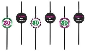 Set of 6 Funny Decorative Straws for Birthday Party, Anniversary, Plastic Drinking Straws, Black, Mix of Designs, 24cm (30th birthday)