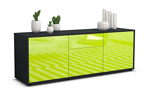 TV Schrank Lowboard Anella, Korpus in anthrazit matt / Front im Hochglanz Design Limettengrün (135x49x35cm), mit Push to Open Technik und hochwertigen Leichtlaufschienen, Made in Germany