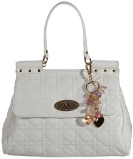 White quilted shoulder handbag with front flap and gold coloured twist lock by Claudia Canova