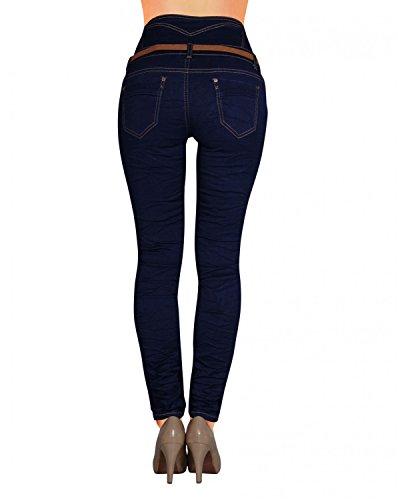 Damen Jeans Hose Skinny Corsage High Waist Röhrenjeans inkl. Gürtel (434), Grösse:36, Farbe:Dunkelblau - 