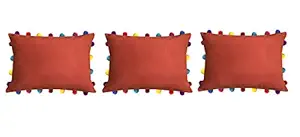 Lushomes Red Wood Sofa Cushion Cover Online with Colorful Pom Pom (Pack of 3 Pcs , 14 x 20 inches)