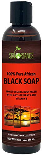 Organic African Black Soap - Raw Organic Soap Ideal for Acne, Eczema, Dry Skin, Psoriasis, Scar Removal, Face & Body Wash, Authentic Liquid Black Soap From Ghana (8oz) with Cocoa, Shea Butter & Aloe