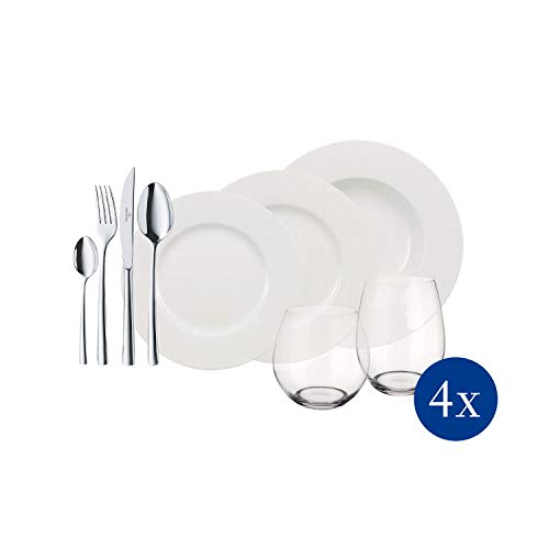 Villeroy & Boch Wonderful World White 4 Friends Set da Tavola per 4 Persone, Porcellana Premium/Cristallo/Acciaio, 36 Pezzi