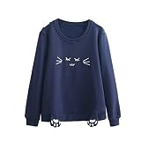 qiansu Frauen Langarmshirts Nette Katze Stickerei Sweatshirt Rundhals Lose Atmungsaktiv Sport Pullover Tops