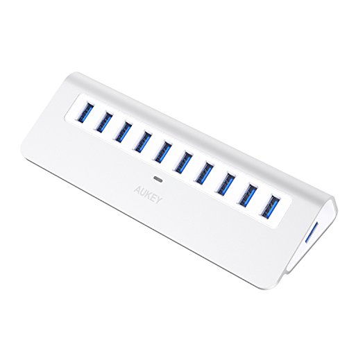 Aukey CB-H6 USB 3.0 Hub 10 Ports Aluminum, Verteiler mit 36W Netzteiladapter für Apple MacBook, Win XP/7/8 Laptop silber