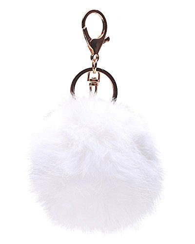 Lyuboov - Portachiavi a Forma di Palla in Finta Pelliccia, Placcato Oro, con Ciondolo per Cellulare, Bianco, Same
