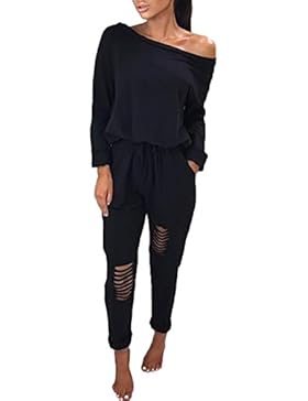 Boutiquefeel Damen Casual Schulterfrei Drawstring Top Ripped Hose Jumpsuits