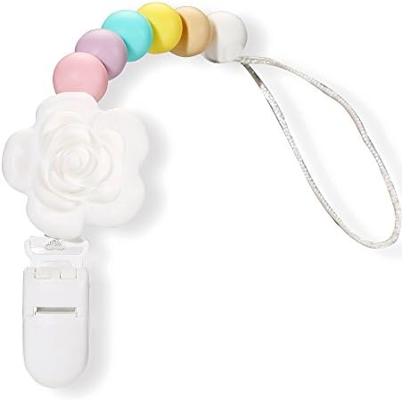BPA-Free Teething Dummy Clip - Smilehome Silicone Teether Toy Pacifier Clip Holders w/ Chewable Beads - Adorable Soothie Chain for Baby Girls (White Flower)