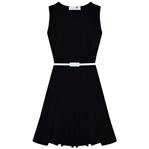 Girls Plain Skater Dress Kids Party Dress a new look Fashion Dress (Black White Belt, 11-12 Yrs)