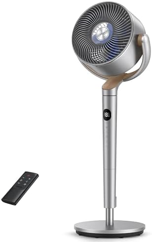 DREO 23dB Ventilatore a Piantana silenzioso, 120°+120°Omni-directional Oscillating Fan, Portata di 24M, Volume d'aria1200m³/h, DC Motor Quiet Standing Fans, Adjustable Height, 8 Speeds, 3 Modes