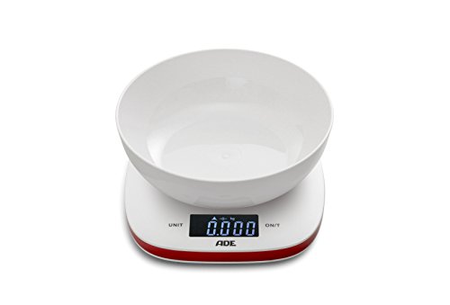 ADE Digitale Schüsselwaage KE 1412 Amelie. Elektronische Küchenwaage mit abnehmbarer Schüssel zum präzisen Wiegen bis 5 kg. Mit Zuwiegefunktion (Tara) und Sensor-Touch. Inkl. Batterie. Weiß