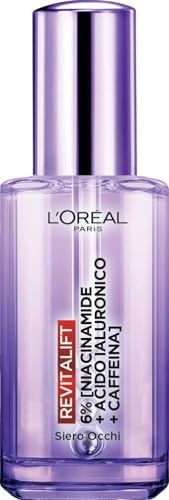 L'Oréal Paris Siero Contorno Occhi Anti-Rughe, Azione Rimpolpante e Idratante, Riduce le Occhiaie, Con Acido Ialuronico, Niacinamide e Caffeina, Applicatore Triplo Roller, Revitalift Filler, 20 ml